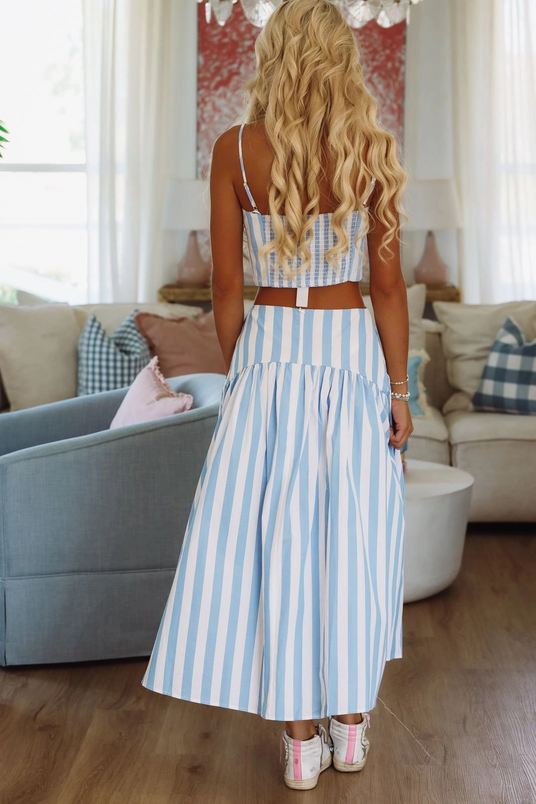 Stadium Stripes Crop Top - Baby Blue and White DoubleLayered