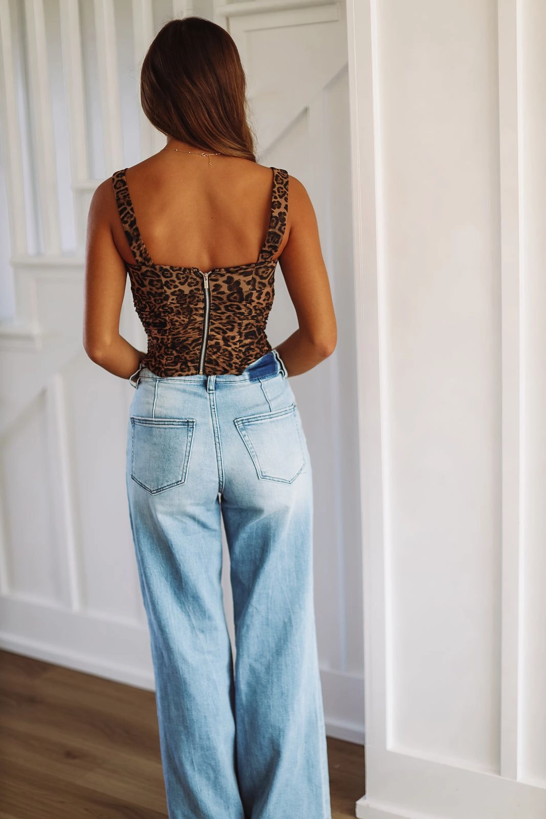 QuickDry Textile Button Down Collar All Smitten Leopard Bustier Crop Top - Black and Brown