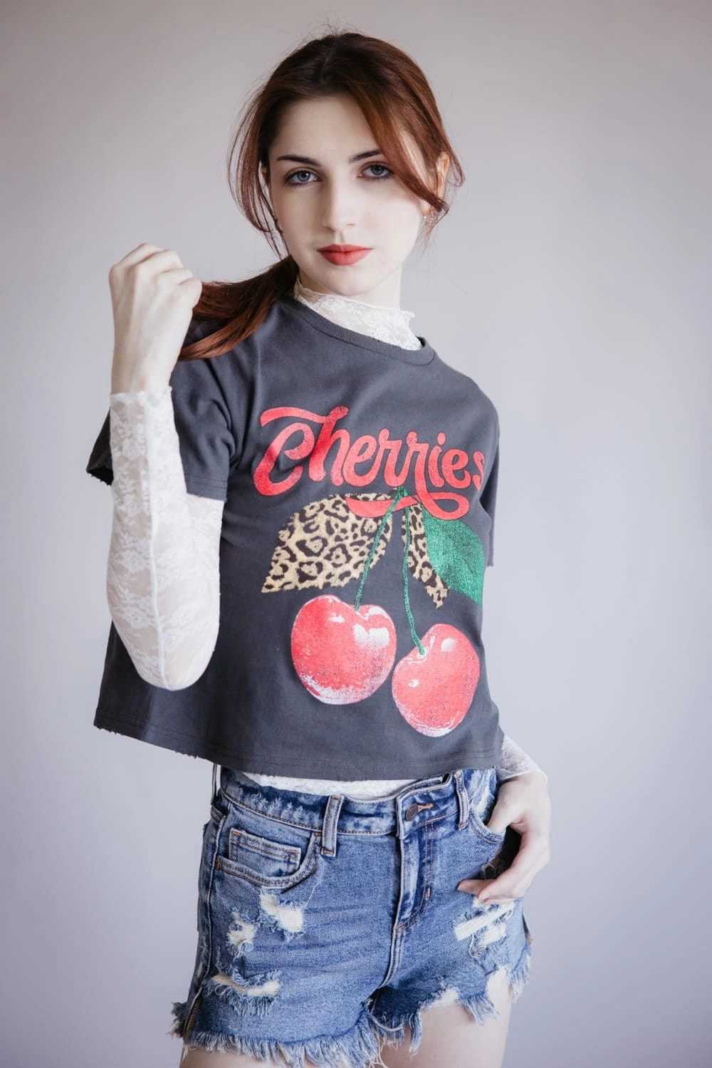 Cherries Leopard Graphic T-Shirt for Women in Grey Black | K9377-2473-BLACK Fashionable