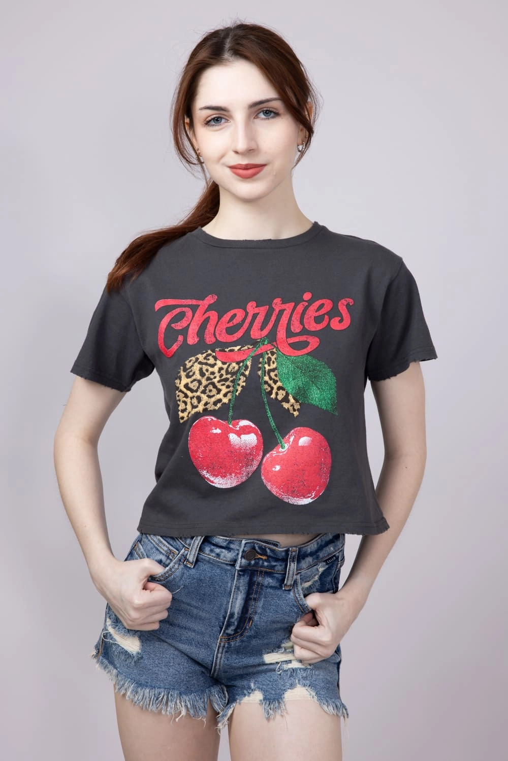 Cherries Leopard Graphic T-Shirt for Women in Grey Black | K9377-2473-BLACK Practical Wear Thermal regulation
