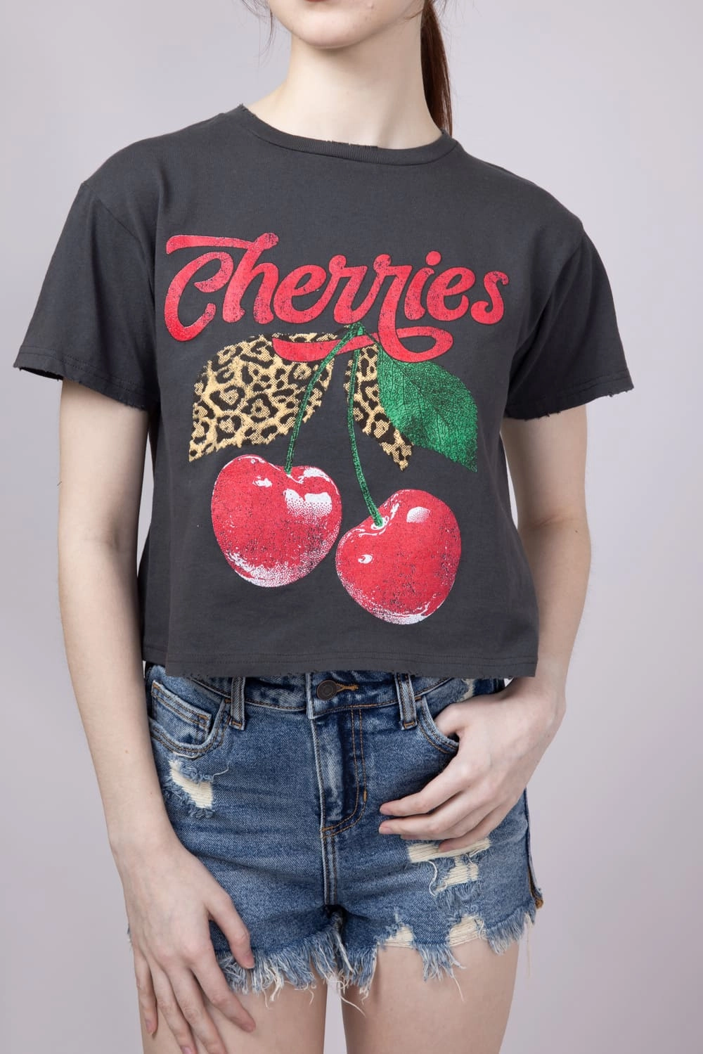 Cozy Look Wear Cherries Leopard Graphic T-Shirt for Women in Grey Black | K9377-2473-BLACK