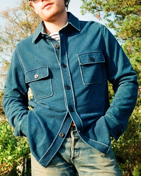 Hiking Trail Outfit Daily Wear Jacket CPO Shirt Jacket in Dark Wash Indigo Loopback Terry