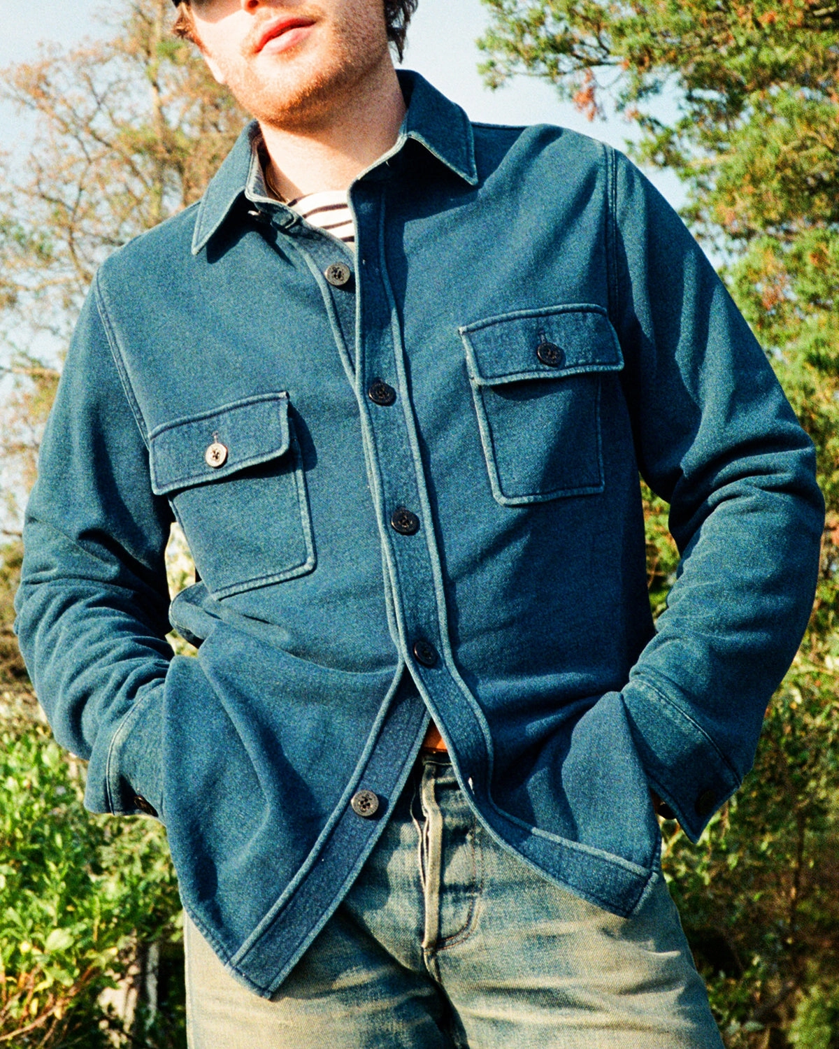 Waterproof Fabric Everyday Layer Style CPO Shirt Jacket in Dark Wash Indigo Loopback Terry