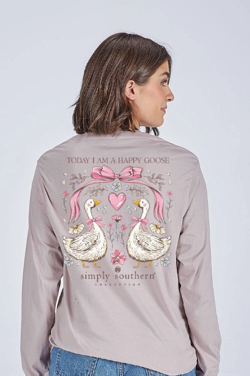 Simply Southern Happy Goose Long Sleeve T-Shirt for Women in Grey | LS-HAPPYGOOSE-DRFTWD Indoor clothing Odor-resistant