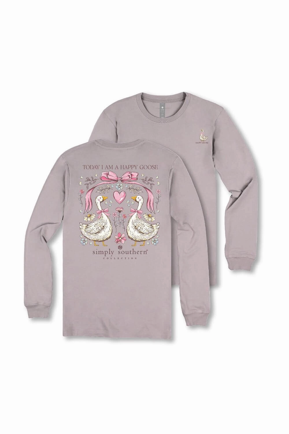 Leisure Casual Simply Southern Happy Goose Long Sleeve T-Shirt for Women in Grey | LS-HAPPYGOOSE-DRFTWD