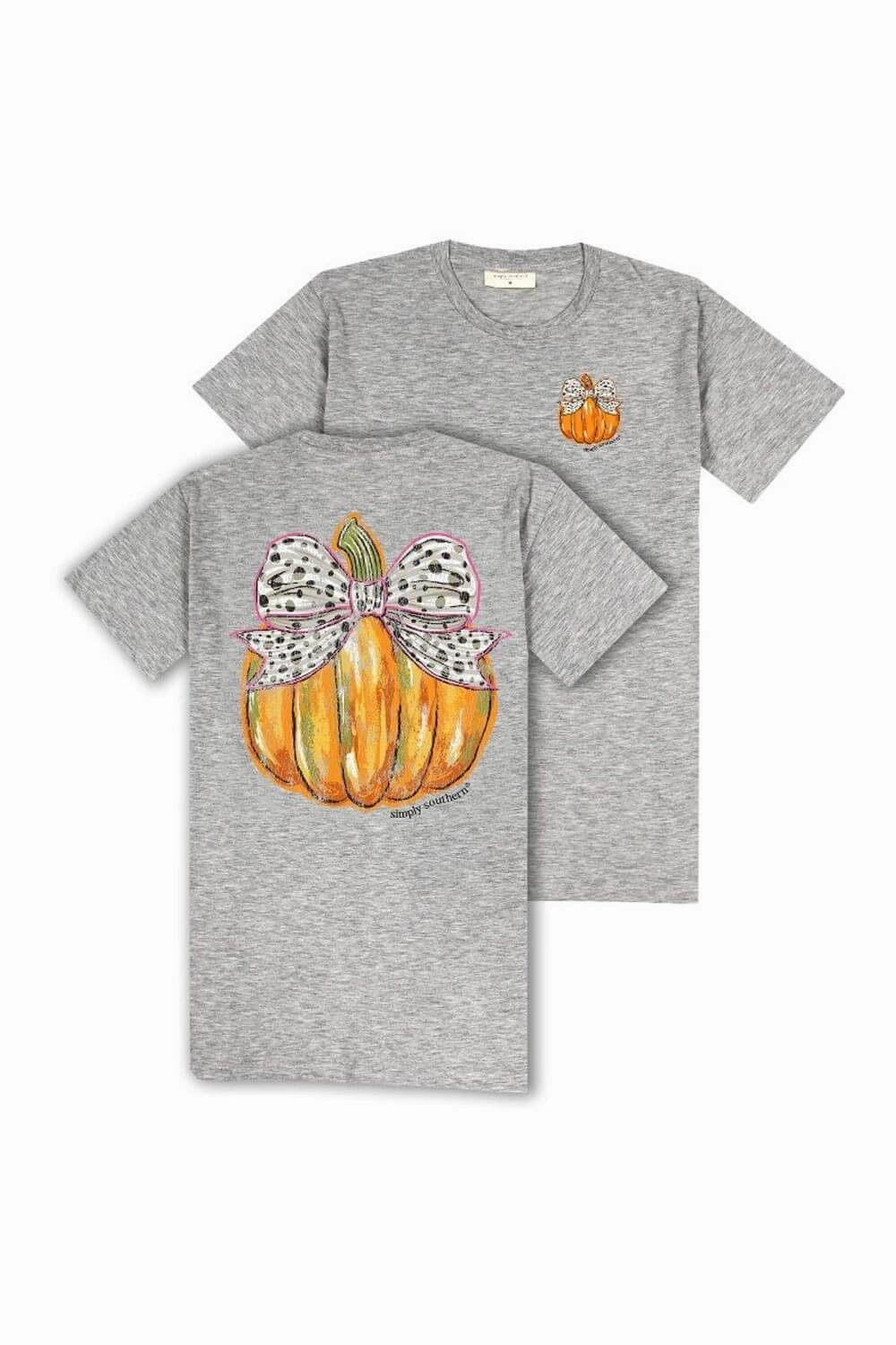 loose but not baggy Simply Southern Bow Pumpkin T-Shirt for Women in Grey | SS-BOWPMPKN-STORMHTHR