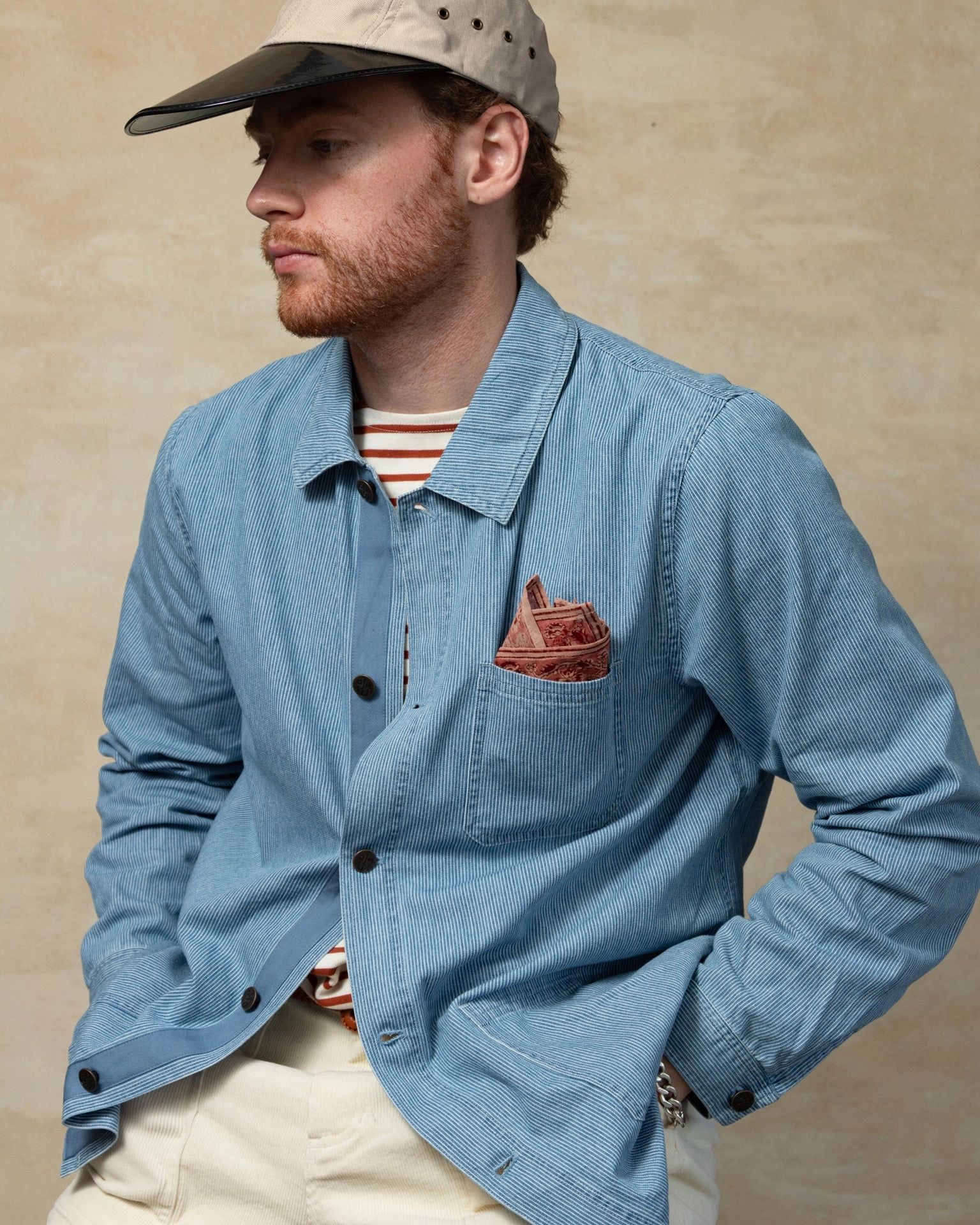 French Workman's Jacket in Blue Hickory Stripe Denim OdorResistantFabric Poly Blend