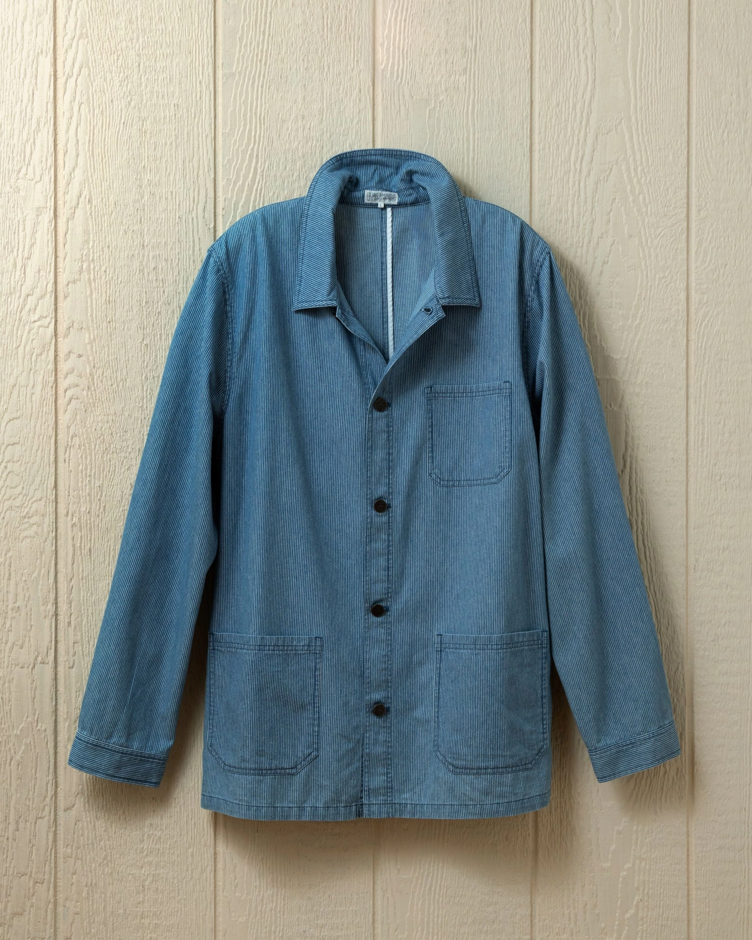 French Workman's Jacket in Blue Hickory Stripe Denim Mid Length Cut Breathable Outer Shell