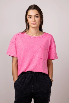 Comfy Layer Chilly Day Comfort Mineral Wash Knit T-Shirt for Women in Pink | NT11108-PINK