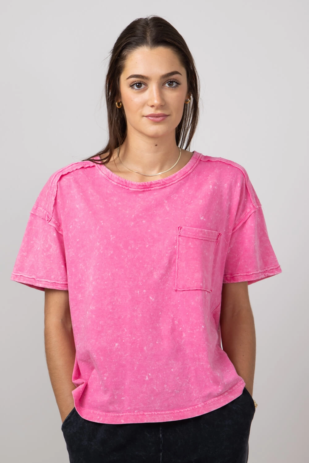 Mineral Wash Knit T-Shirt for Women in Pink | NT11108-PINK Trendy Vibe