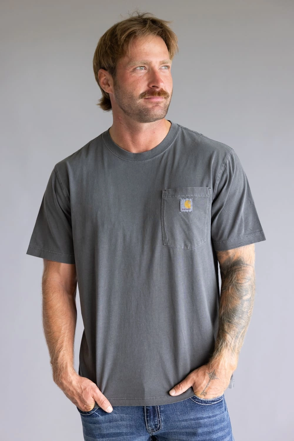 Lightweight Style Elastic Fit Carhartt Garment Dye Pocket T-Shirt for Men in Grey | 106252-029