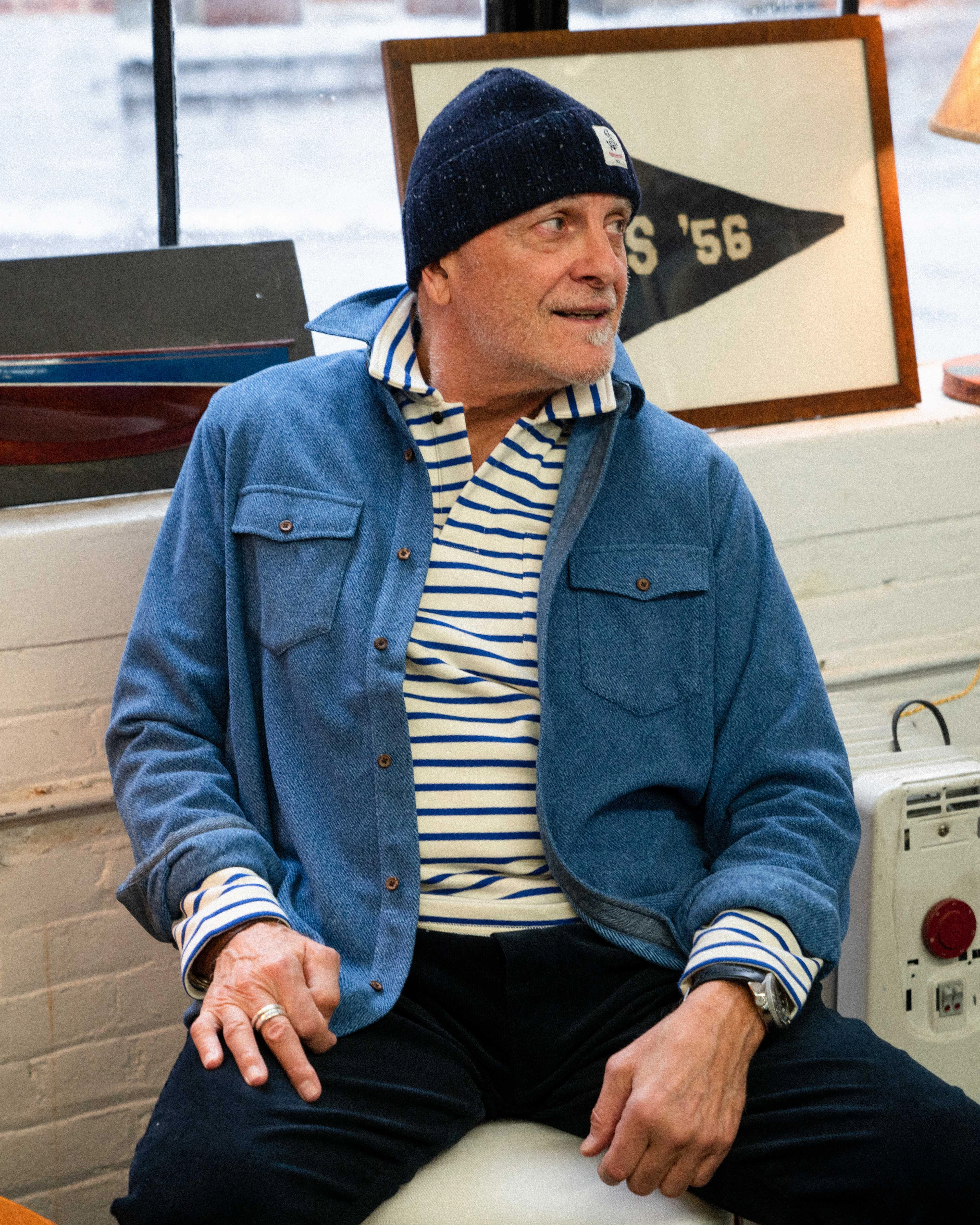 Acadia Polo in Cream/Atlantic Blue Loopback Terry Micro Perforated Fabric