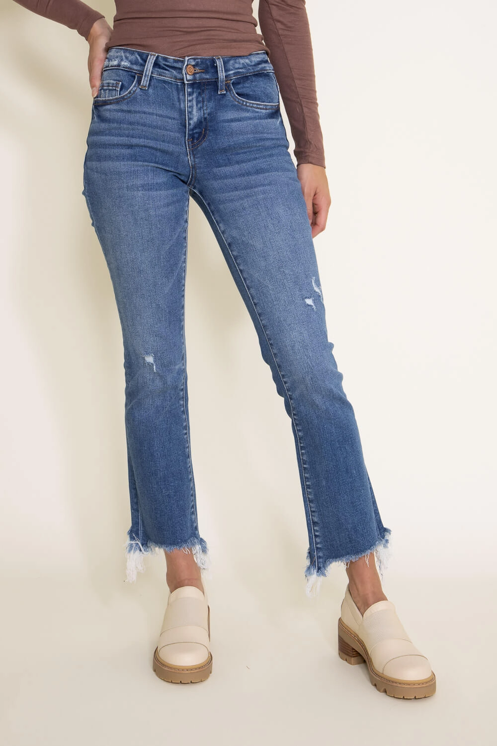 Flying Monkey Mid-Rise Destructed Hem Crop Bootcut Jeans for Women | F5011 Waterless Wash Technology Festival Outfit Comfy Artist Vibe