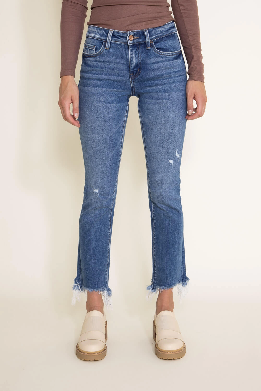 Moisture Wicking Lining Flying Monkey Mid-Rise Destructed Hem Crop Bootcut Jeans for Women | F5011