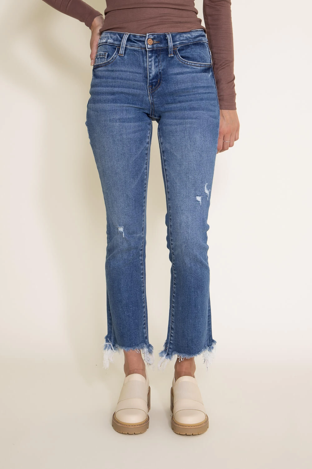 Flying Monkey Mid-Rise Destructed Hem Crop Bootcut Jeans for Women | F5011 Premium Professional Wear Unisex Wear Outfit Mix