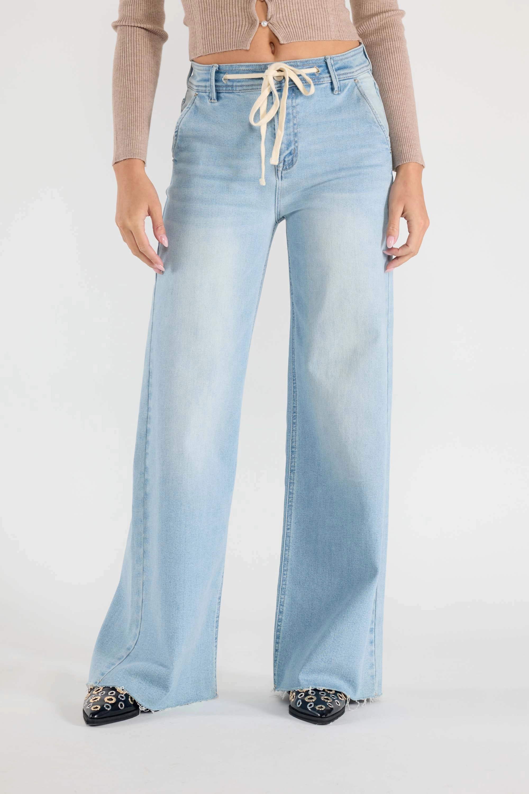 Super High Rise Relaxed Wide Leg Jeans with Waist String Light Fabric
