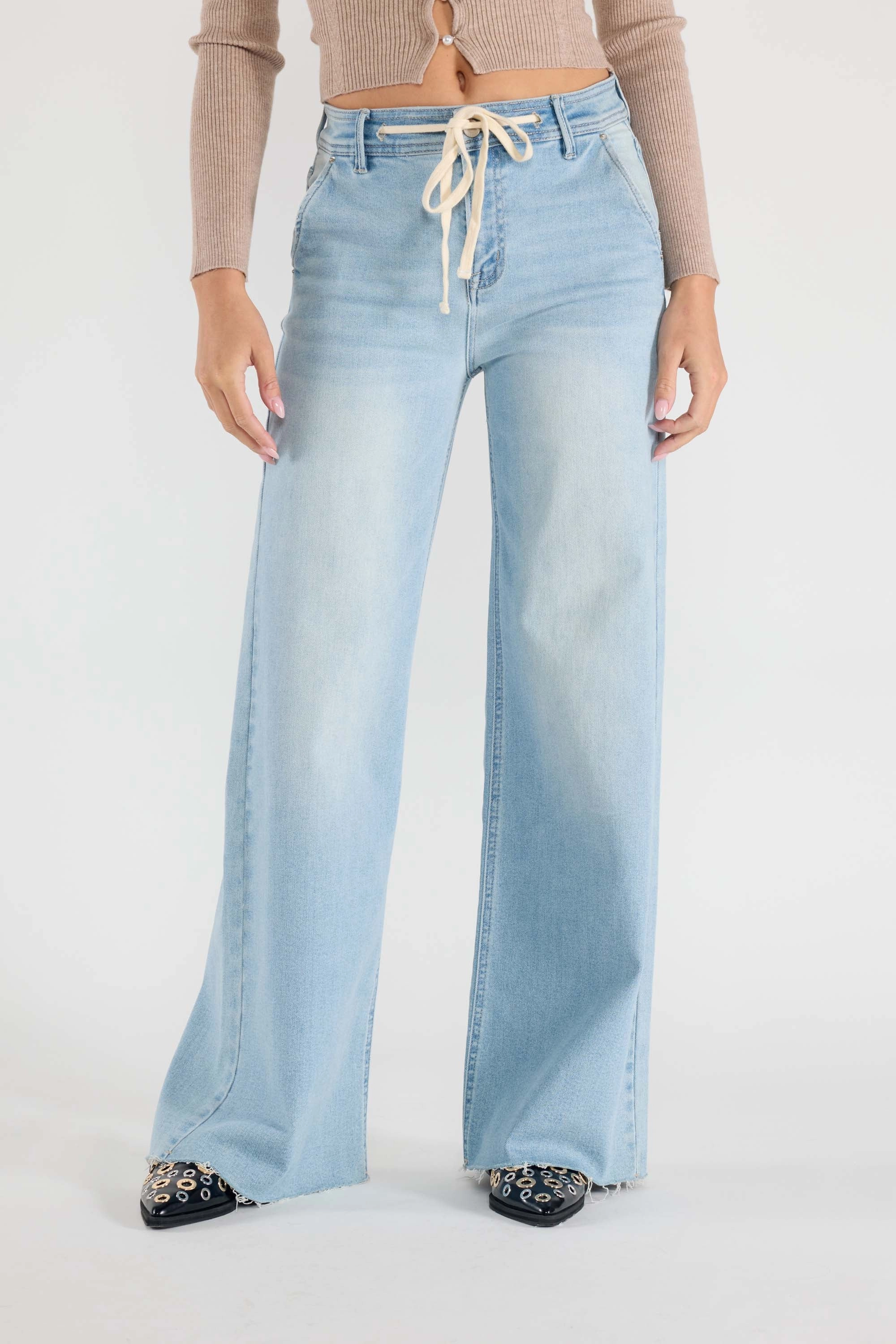 Super High Rise Relaxed Wide Leg Jeans with Waist String Urban Uniform