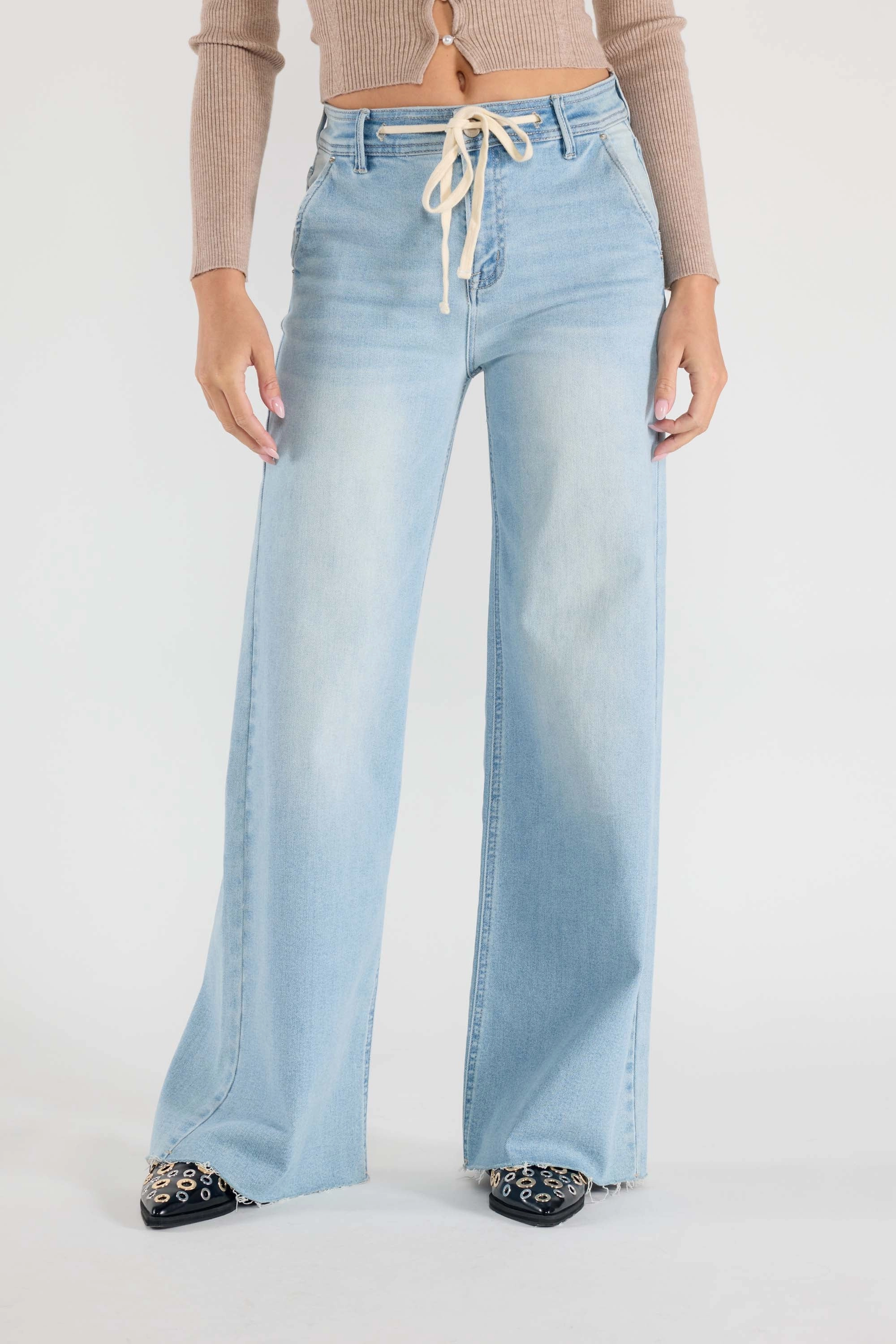 Super High Rise Relaxed Wide Leg Jeans with Waist String Urban appeal Brunch Outfit Classic Wear Luxury