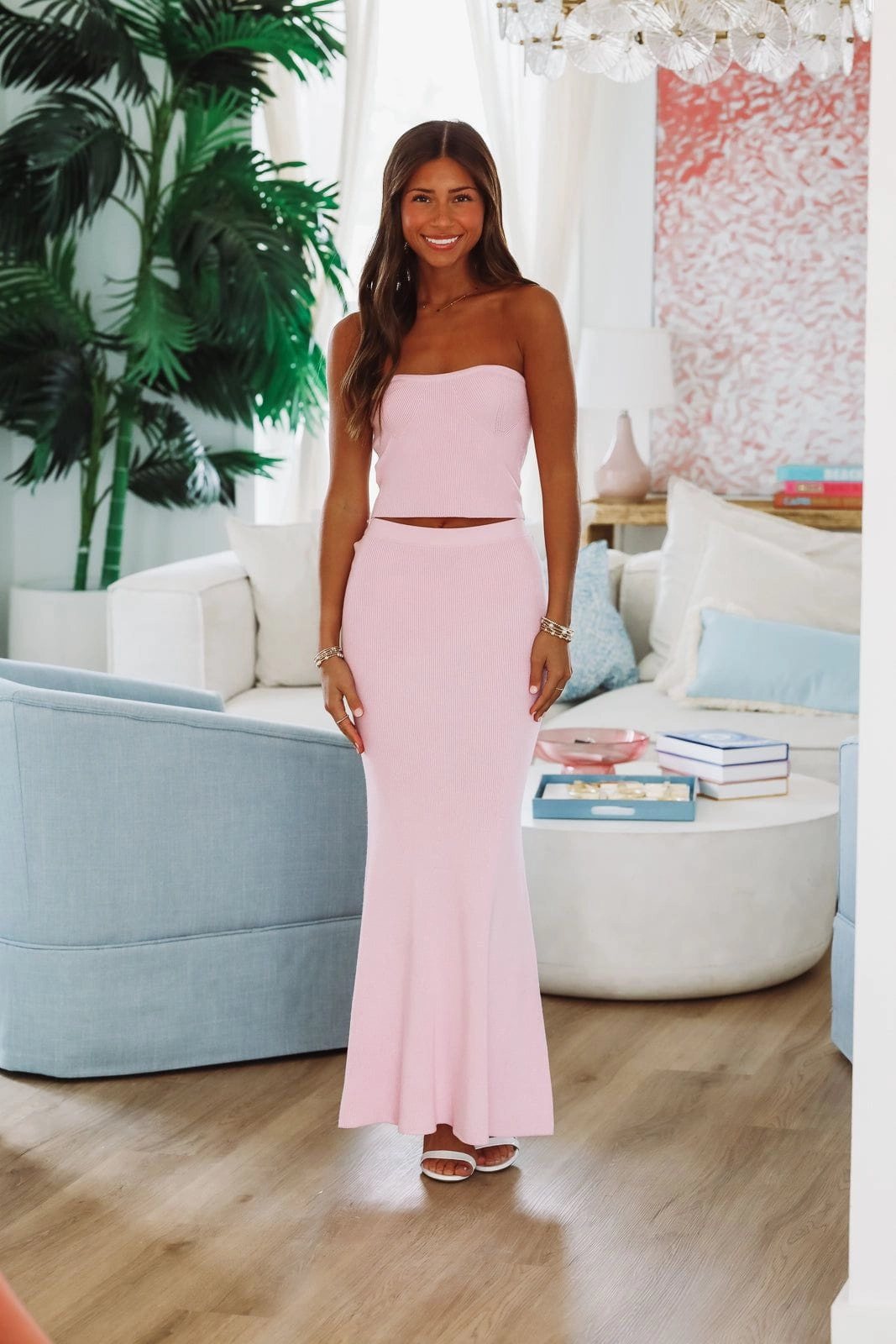 Summer Of Me Crop Top and Maxi Skirt Two Piece Set - Pink Hidden Button Placket AntiPilling Technology