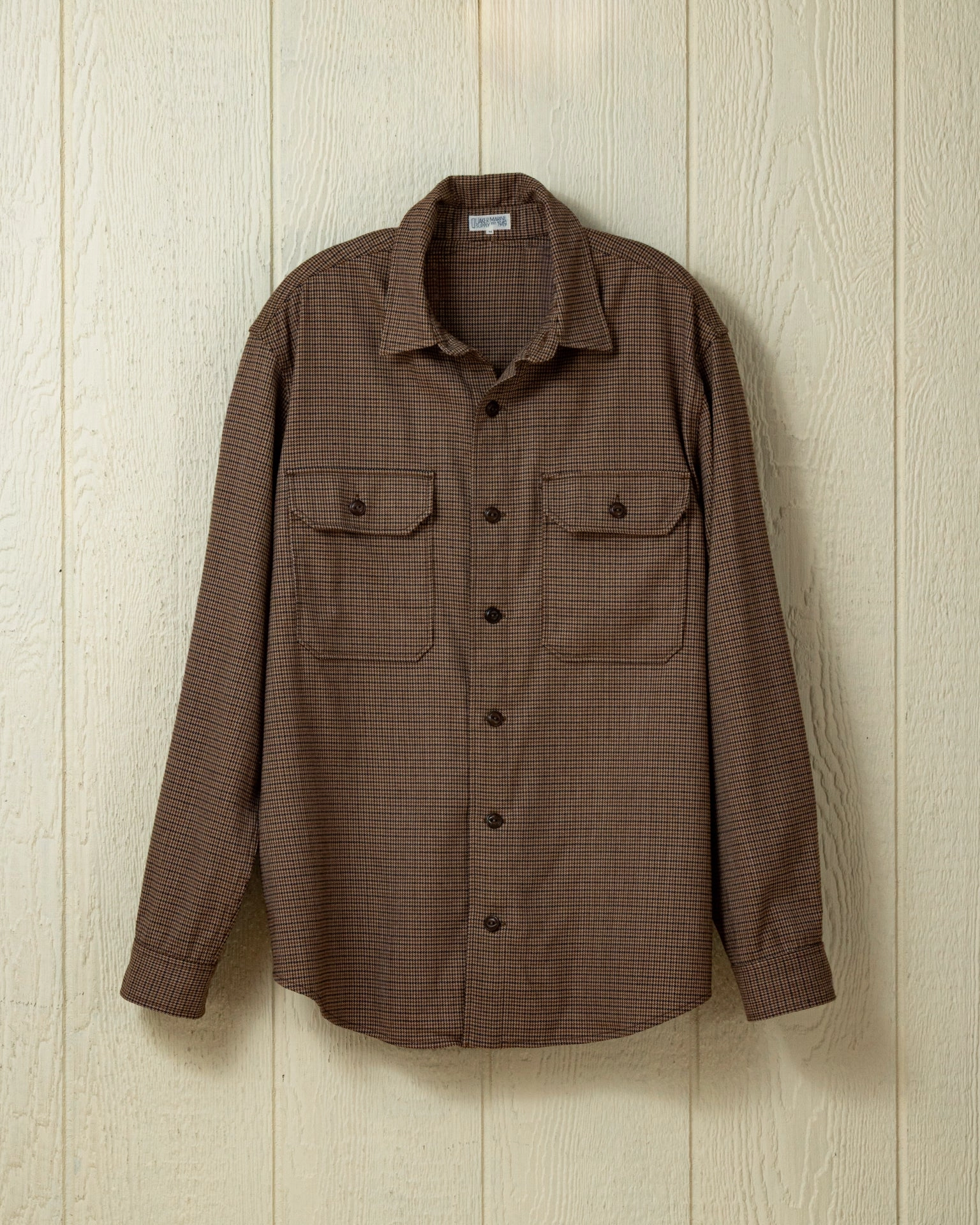 Superfine Wool MacArthur Shirt in Brown/Black Houndstooth Recycled Polyester Blend Laser Cut Edge Detail