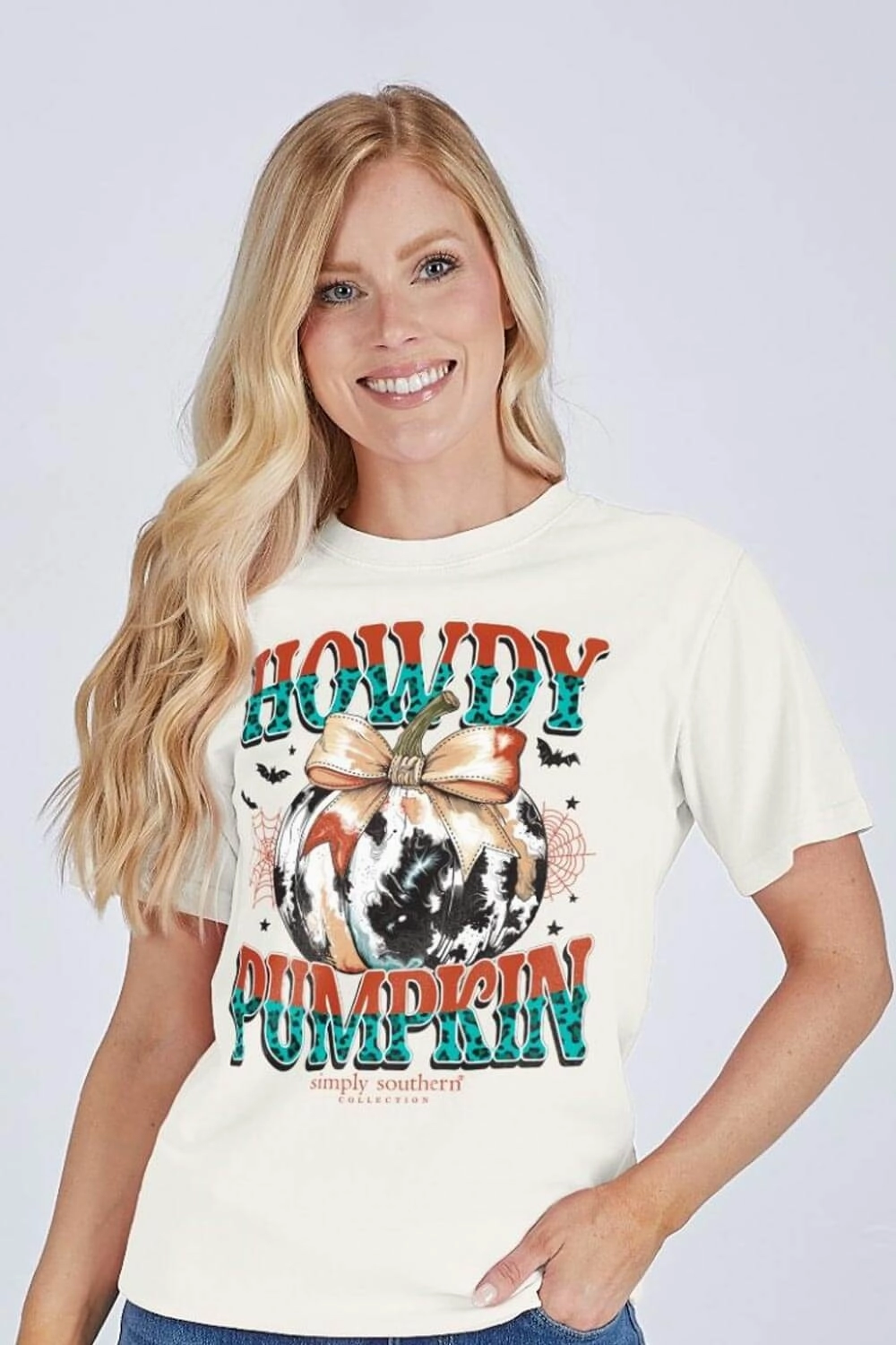 Urban Fit Tear Resistant Knit Simply Southern Howdy Pumpkin T-Shirt for Women in Linen | SS-HOWDYPMPKN-LINEN