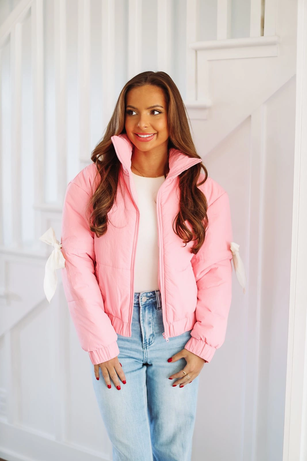 DoubleLayeredCollar Puffer Jacket - Pink