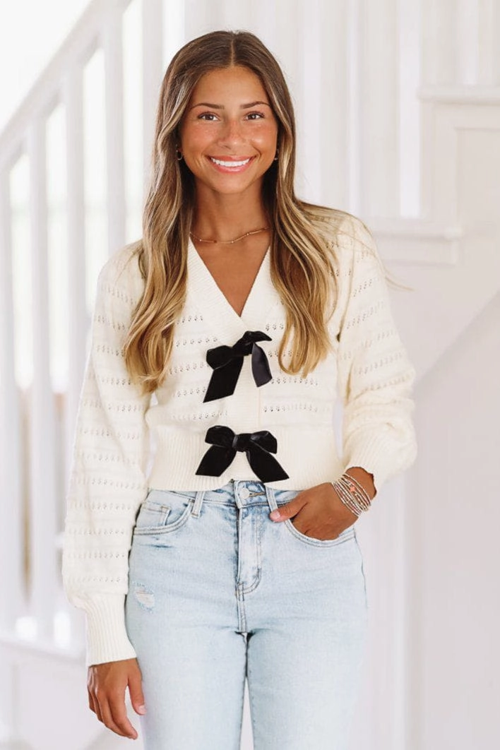 Sweet as Sugar Bow Sweater - Oatmeal and Black Soft Hoodie