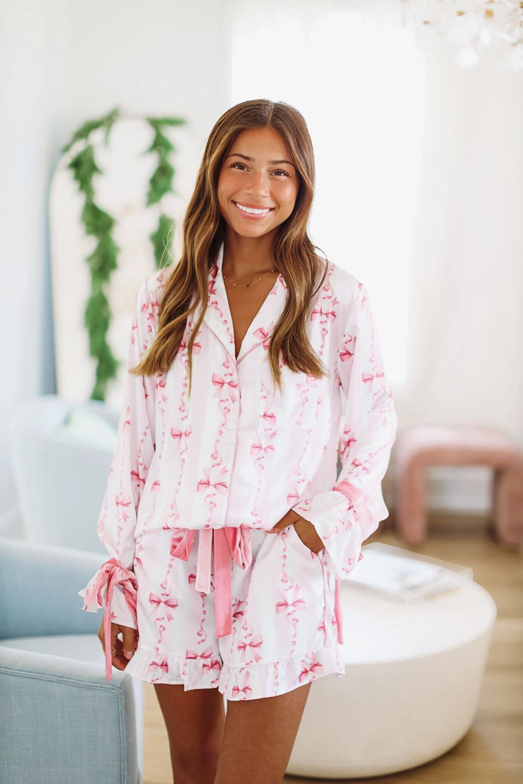 Ribbons and Bows Pajama Top - Pink Convertible Design