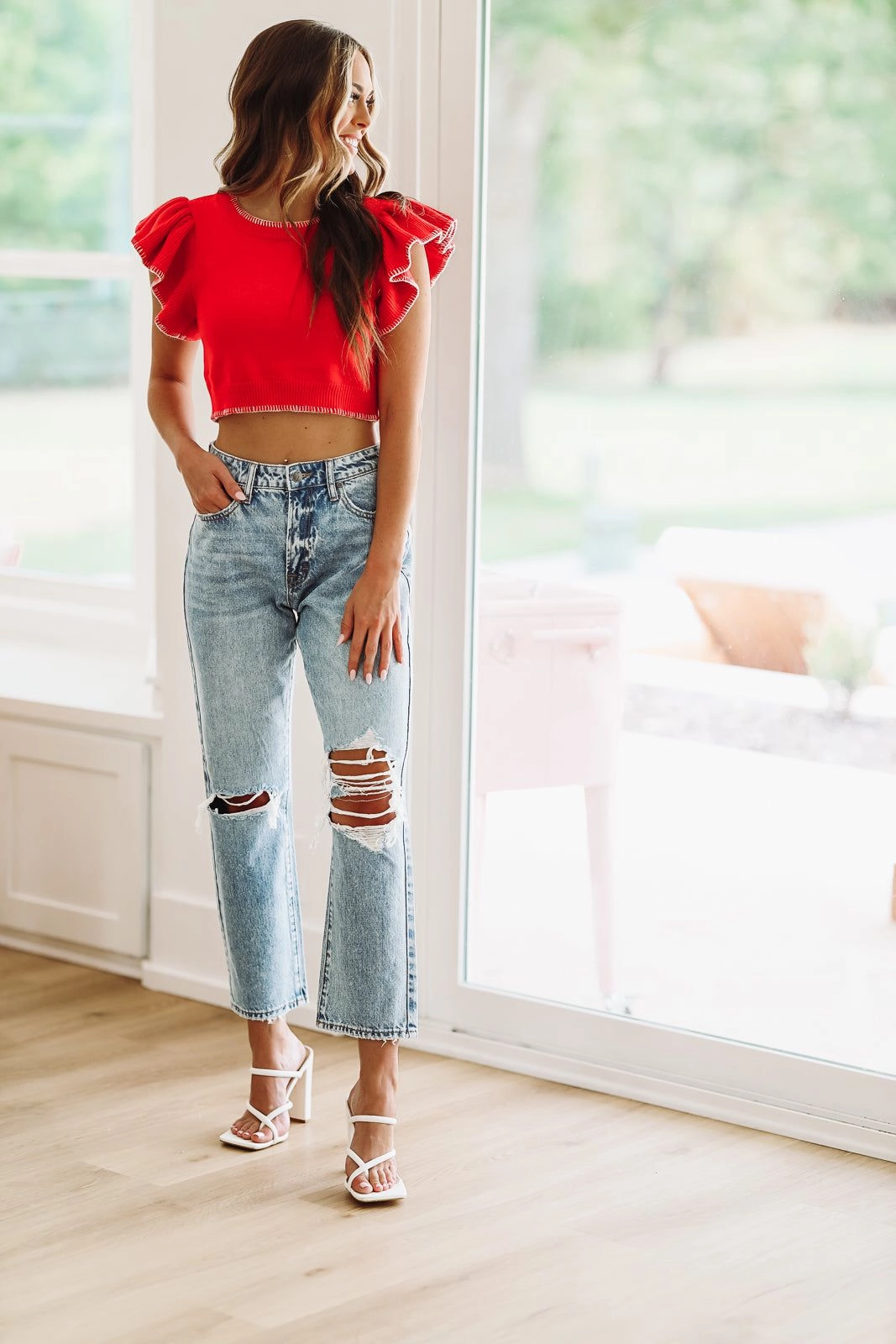 Tailgate Time Crop Sweater - Red and White Multi Directional Mobility