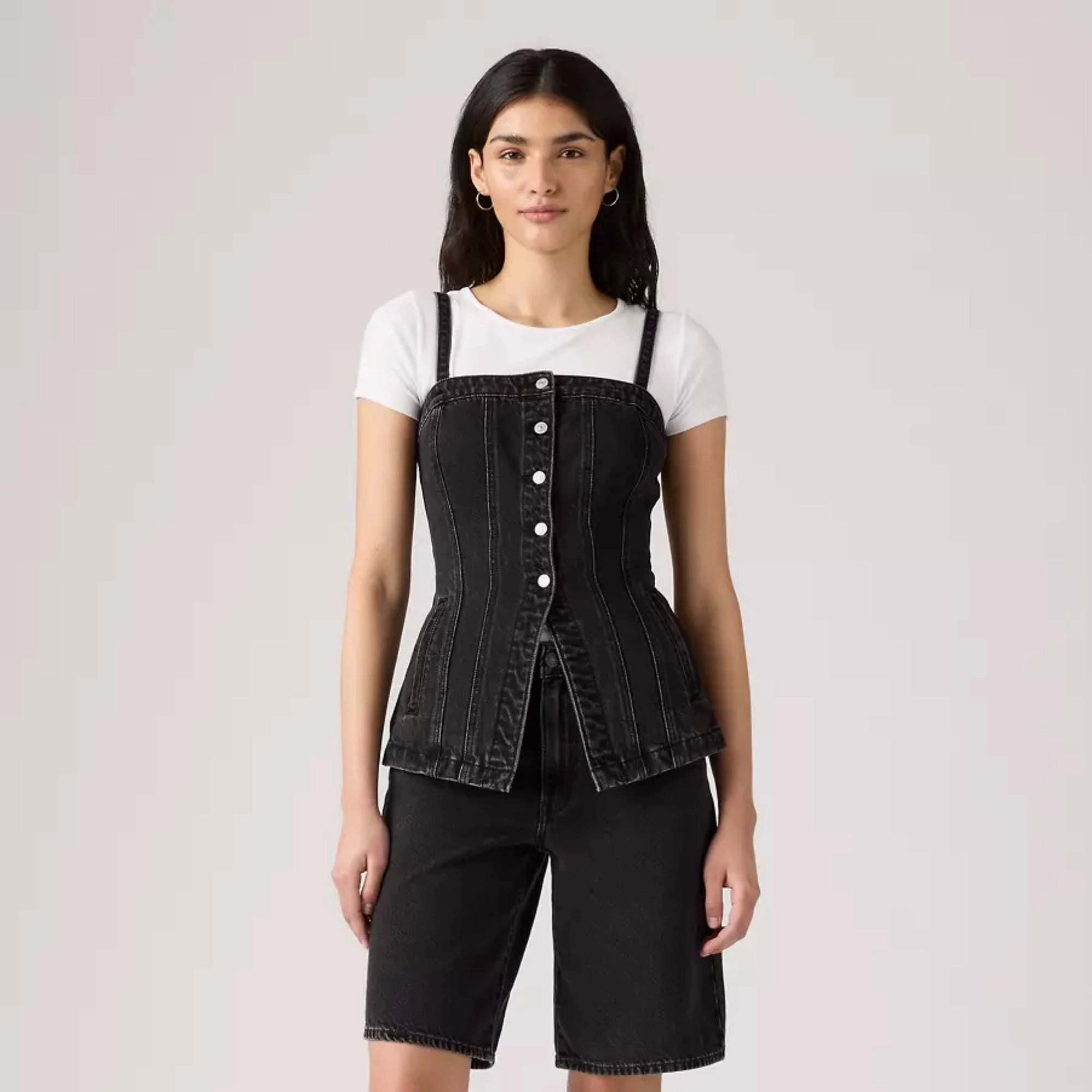 Tapered Side Panels Ergonomic Shoulder Cut Tailored Bustier (Open Mind Vest - Black)