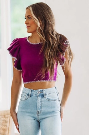 Tailgate Time Crop Sweater - Purple and White Retro design Tagless Neckline