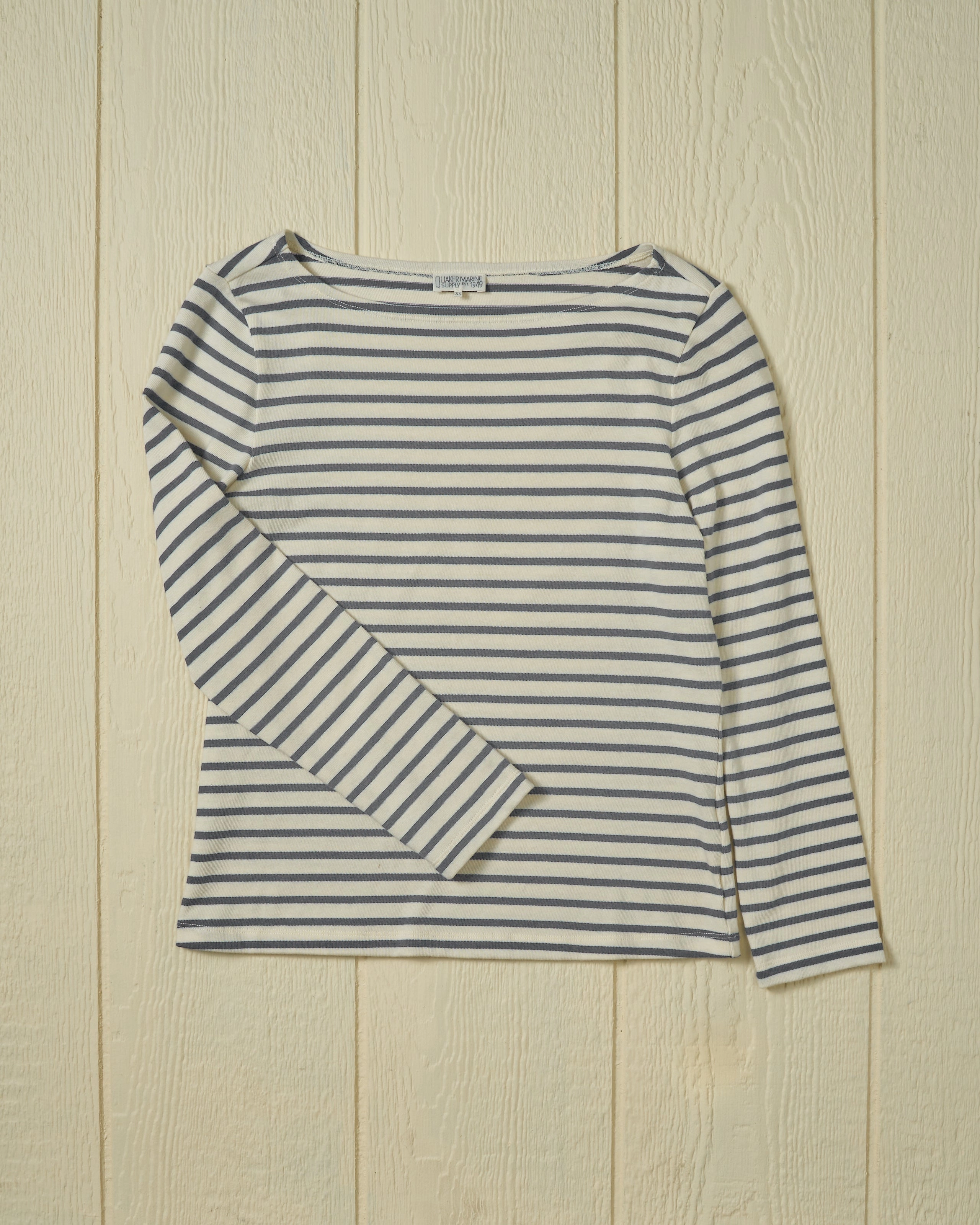 Snag Resistant Fabric Women??s Breton Stripe Boatneck Tee in Off White/Heather Grey