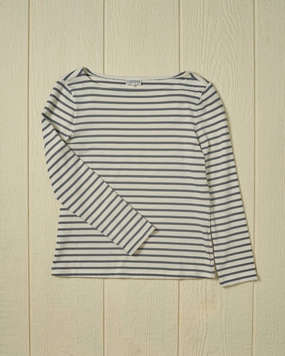 Women??s Breton Stripe Boatneck Tee in Off White/Heather Grey Soft Touch Texture OdorResistant Fabric