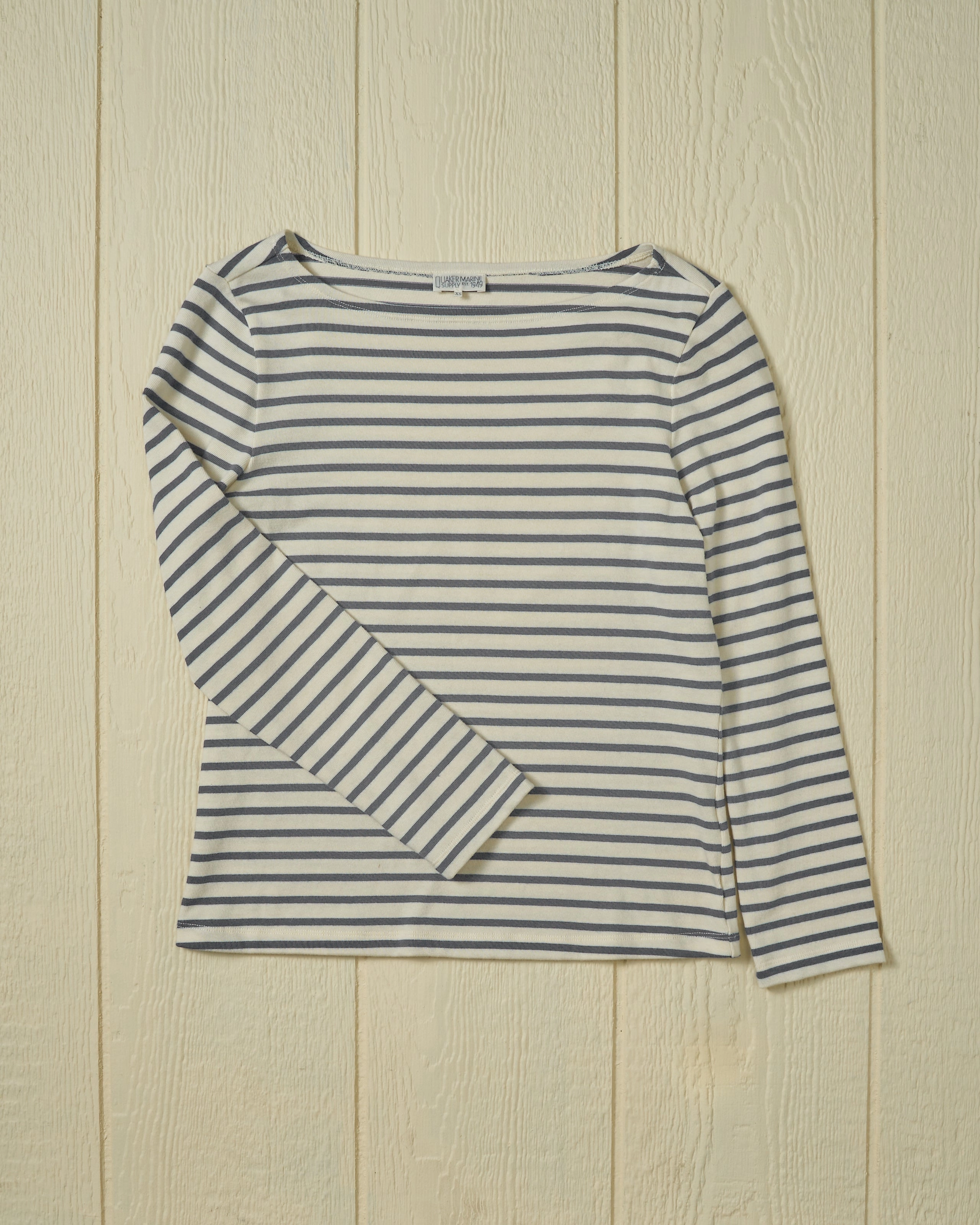 Women??s Breton Stripe Boatneck Tee in Off White/Heather Grey LayeredNeckline
