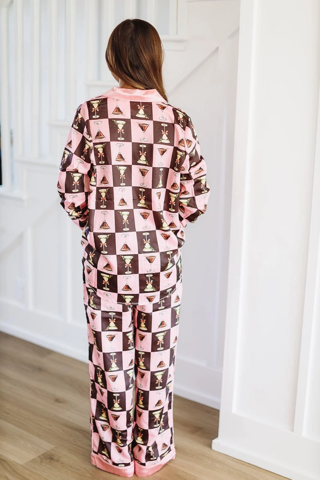 Martini Moments Pajama Top - Pink and Brown Non Restrictive Collar ReinforcedStitching