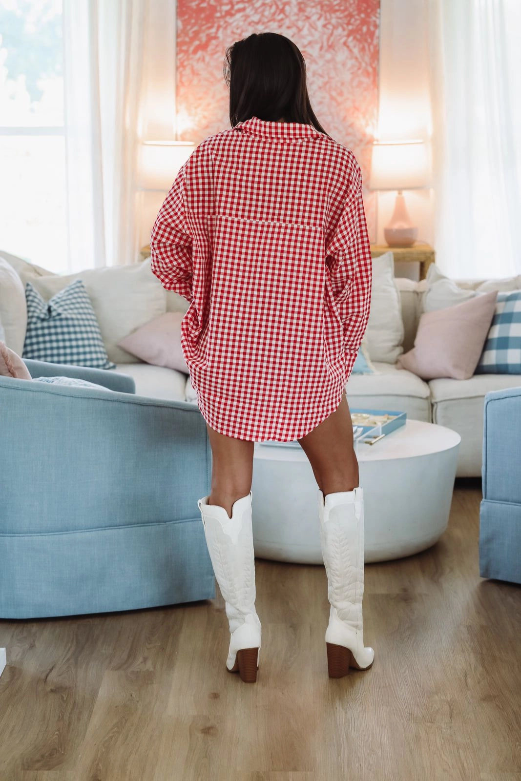 Reversible Layering Tech Cherry Pie Check Oversized Button Down Top - Red and White