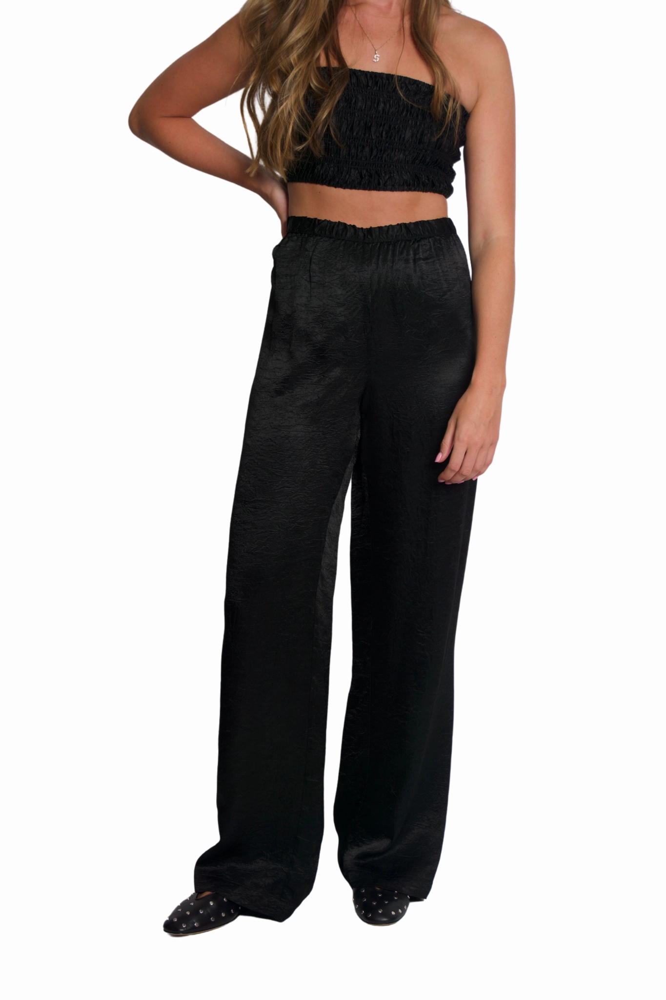 Textured Satin Pants in Black ReflectiveTrim