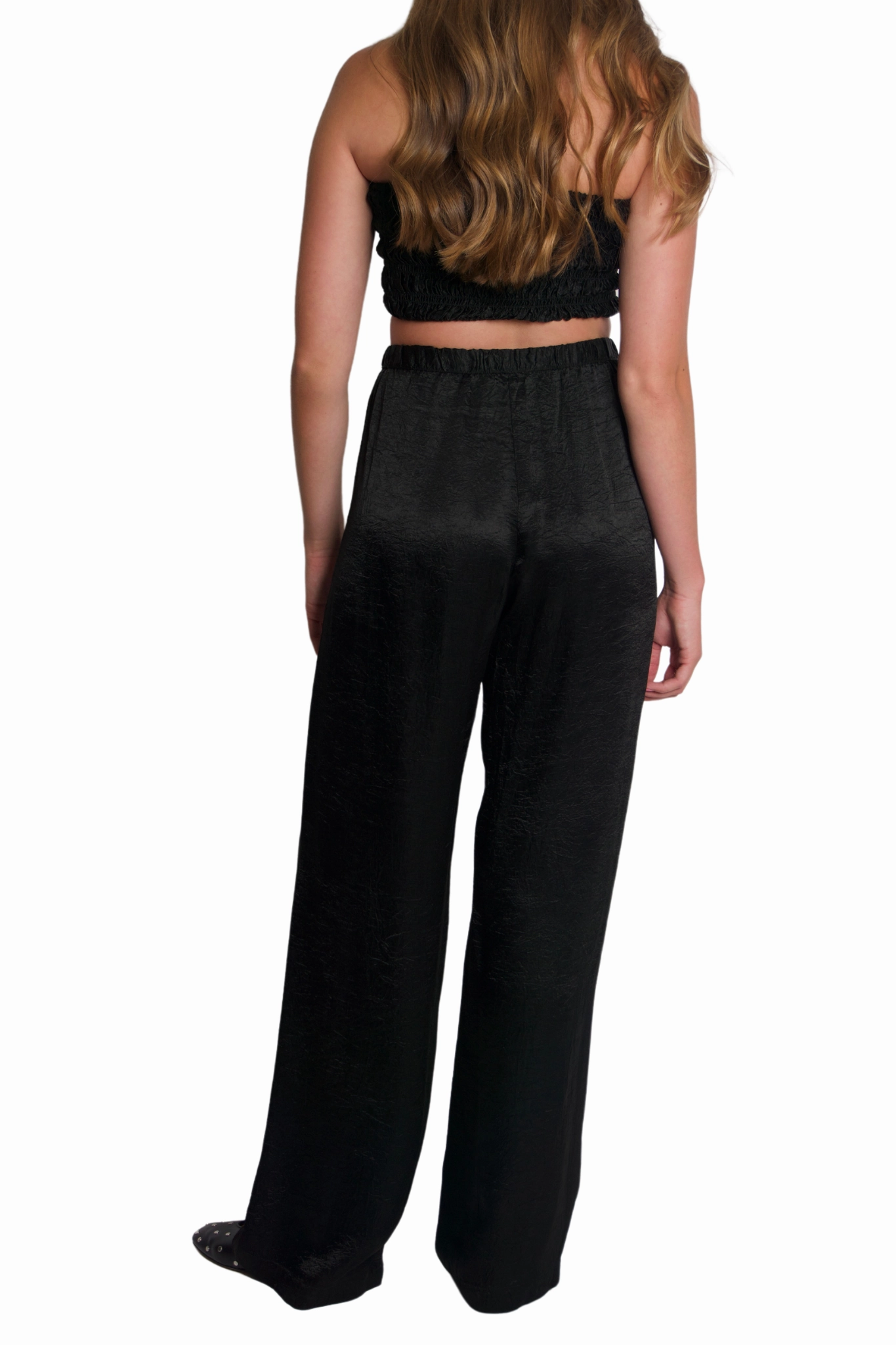 Textured Satin Pants in Black No Wrinkle Essential Comfort