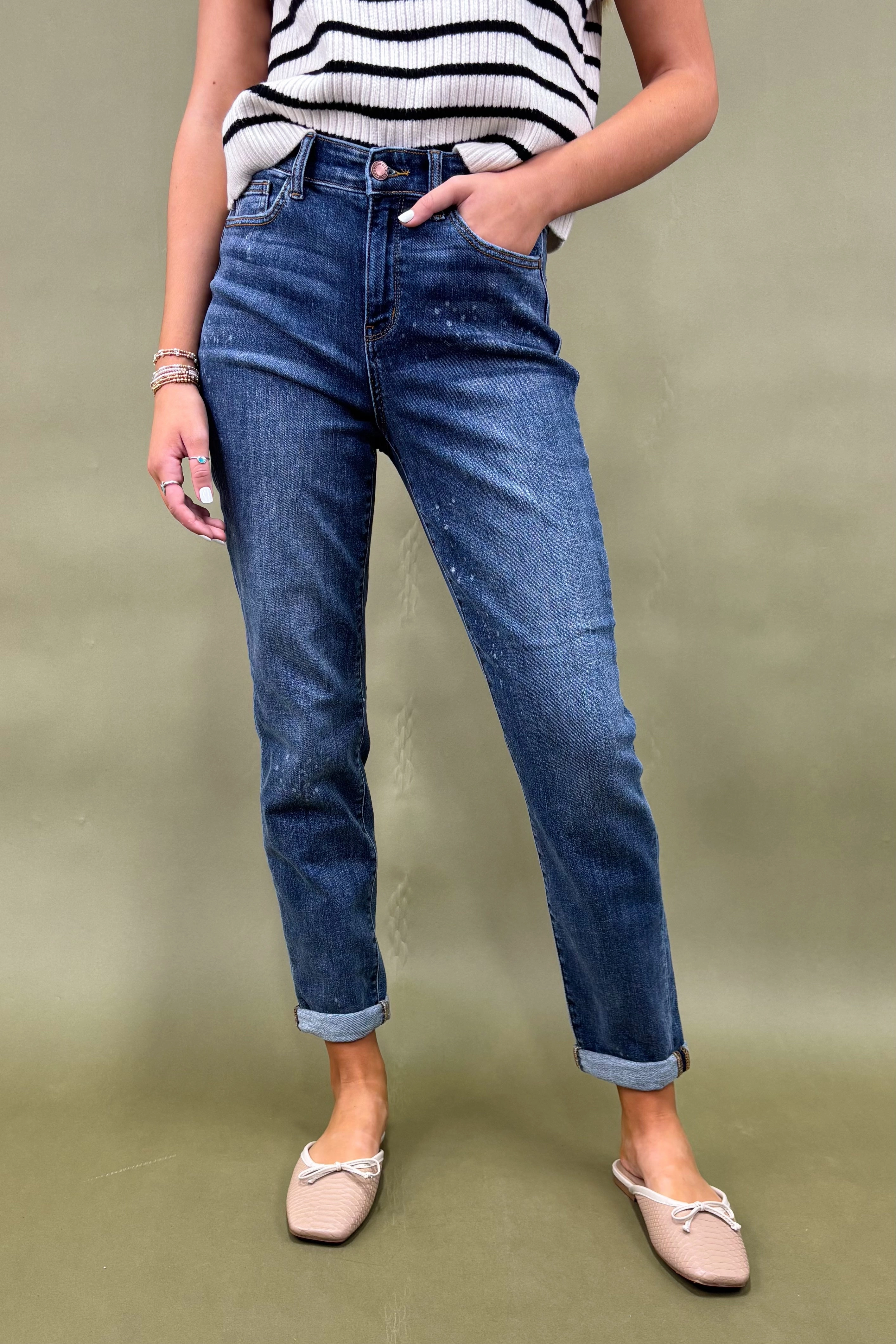 The Chandra High-Rise Bleach Splash Jean Reinforced Pockets