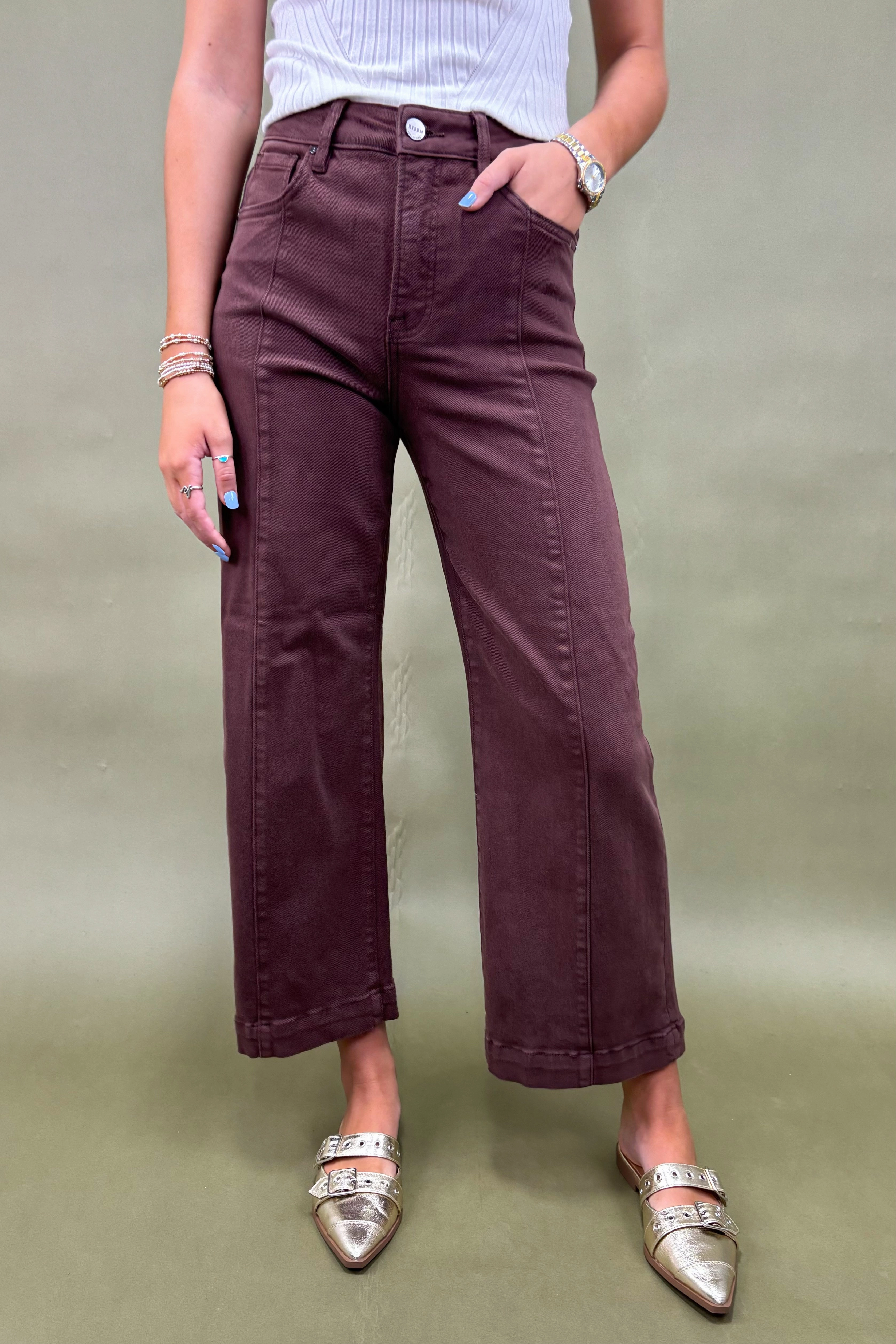 Stretch Waist Elastic Cuff The Chestnut Cropped Wide Leg Jeans