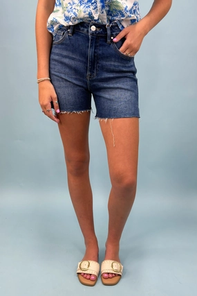 The Savannah Mid-Wash Denim Shorts Stretch Panels Functional Waist