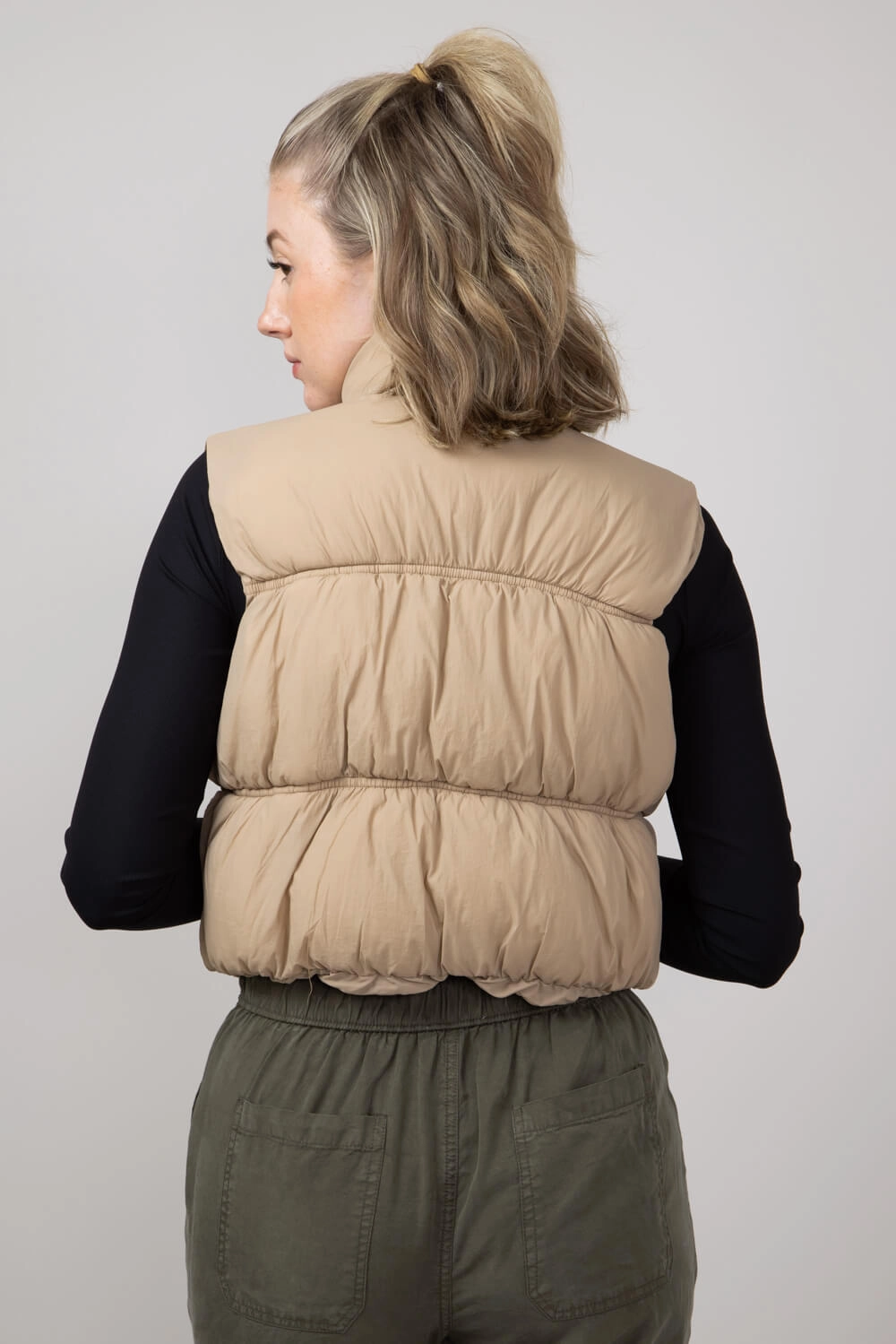 Thermal Regulation System Love Tree Crinkle Puffer Vest for Women in Khaki | 5128VH-KHAKI Sleek Layers Adjustable Hood System