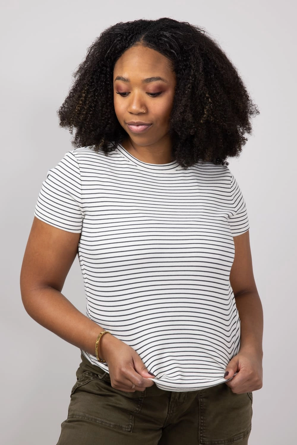Tear Resistant Thread & Supply Annie Striped T-Shirt for Women in Cream Black | T3544BRTS-CREAMBLACK