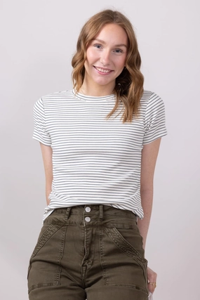 Lightweight Feel Weekend Ready Thread & Supply Annie Striped T-Shirt for Women in Cream/Navy | T3544BRTS-CREAMNAVY