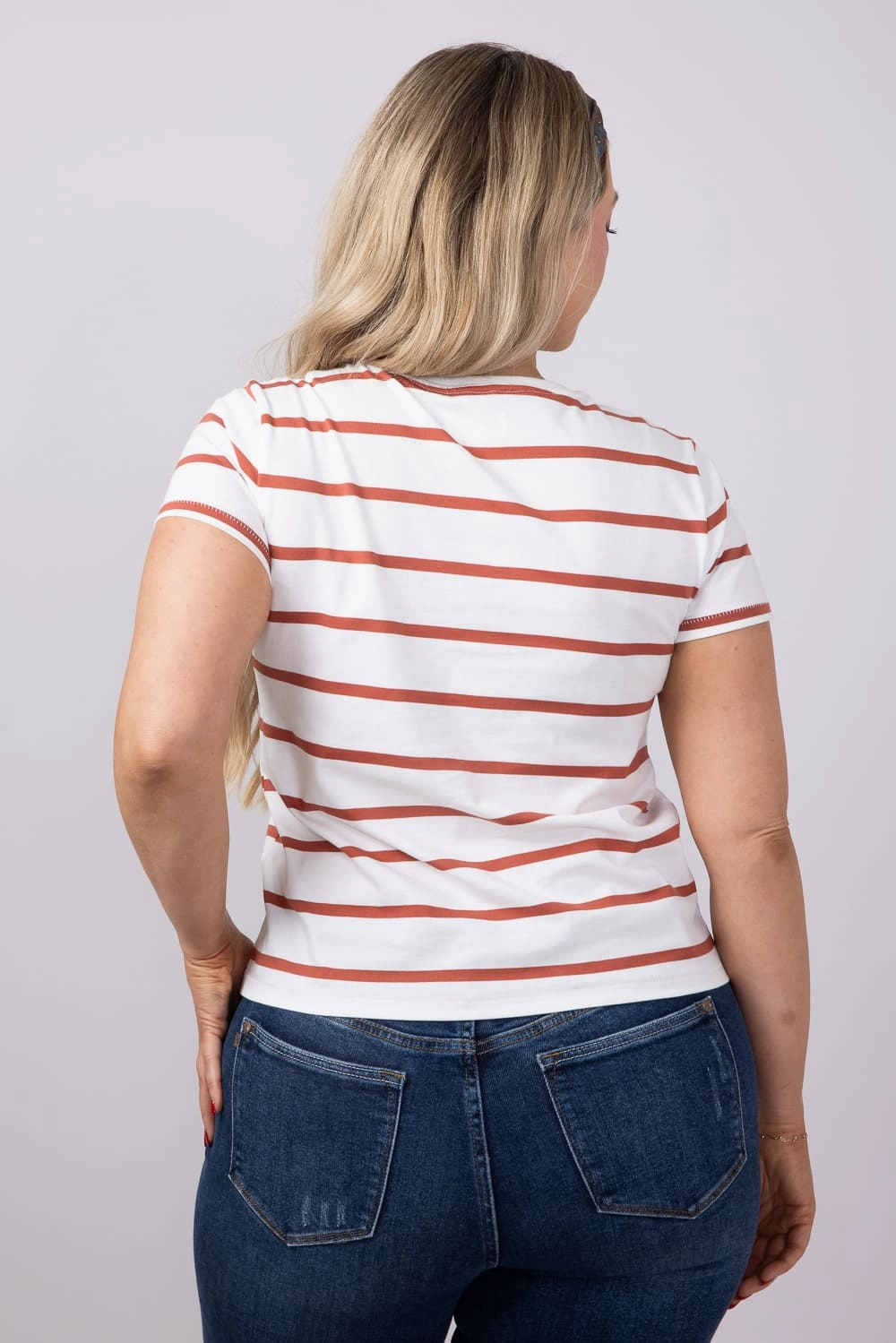 Thread & Supply Asher Striped T-Shirt for Women in White/Burnt Orange | T2940CKNTS-WHITEBURNTORANGESTRIPE Side Vent Design All-Weather Wear