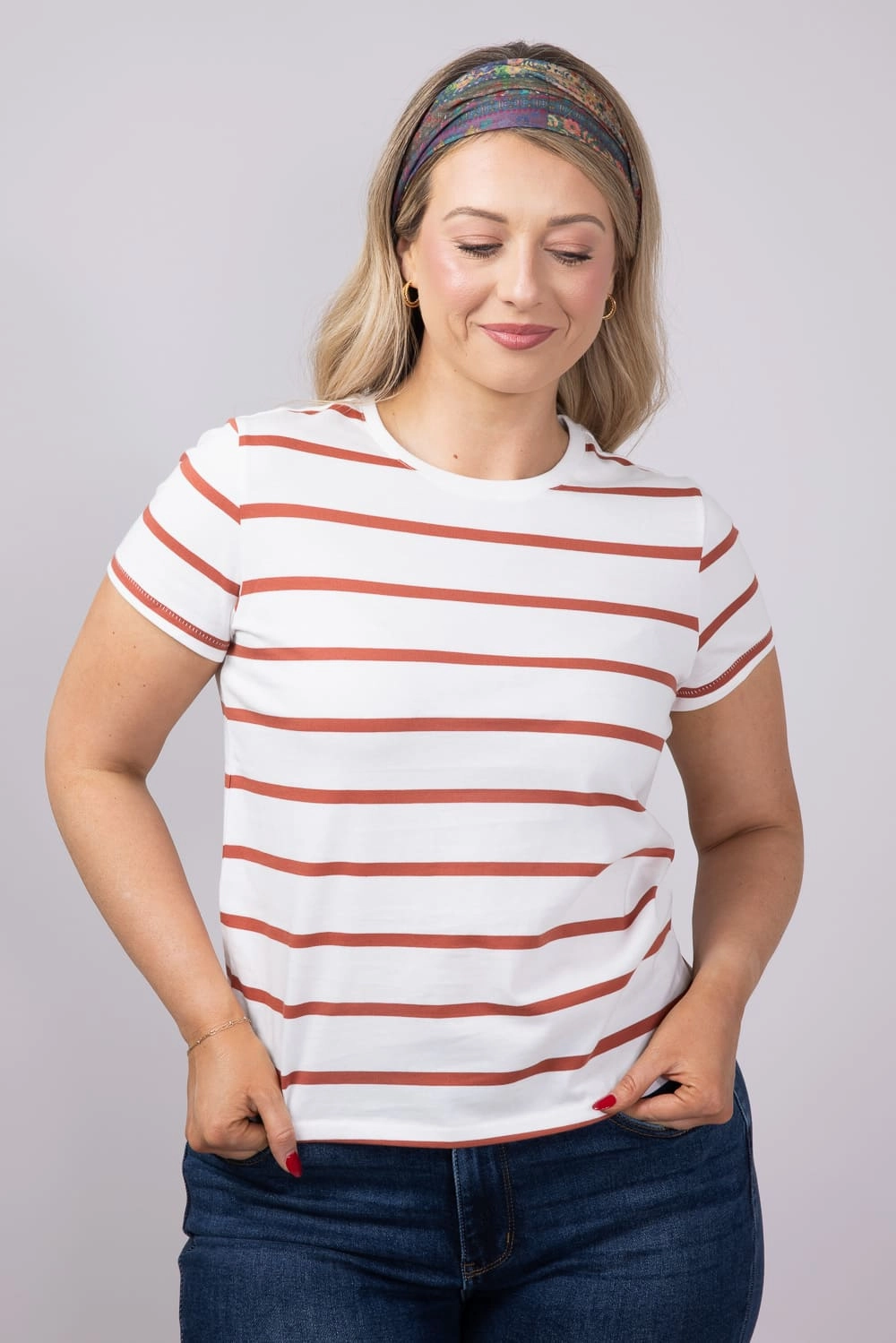 Flatlock stitching Thread & Supply Asher Striped T-Shirt for Women in White/Burnt Orange | T2940CKNTS-WHITEBURNTORANGESTRIPE