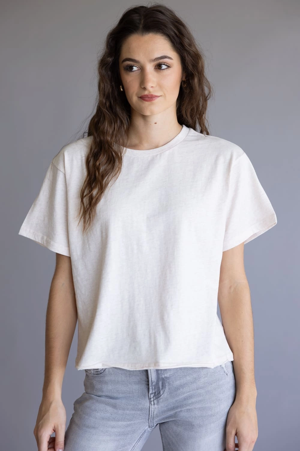 All Season Wear semi-formal style Thread & Supply Katelin T-Shirt for Women in Pink Oatmeal | T1488CKNTS-PINKOATMEAL