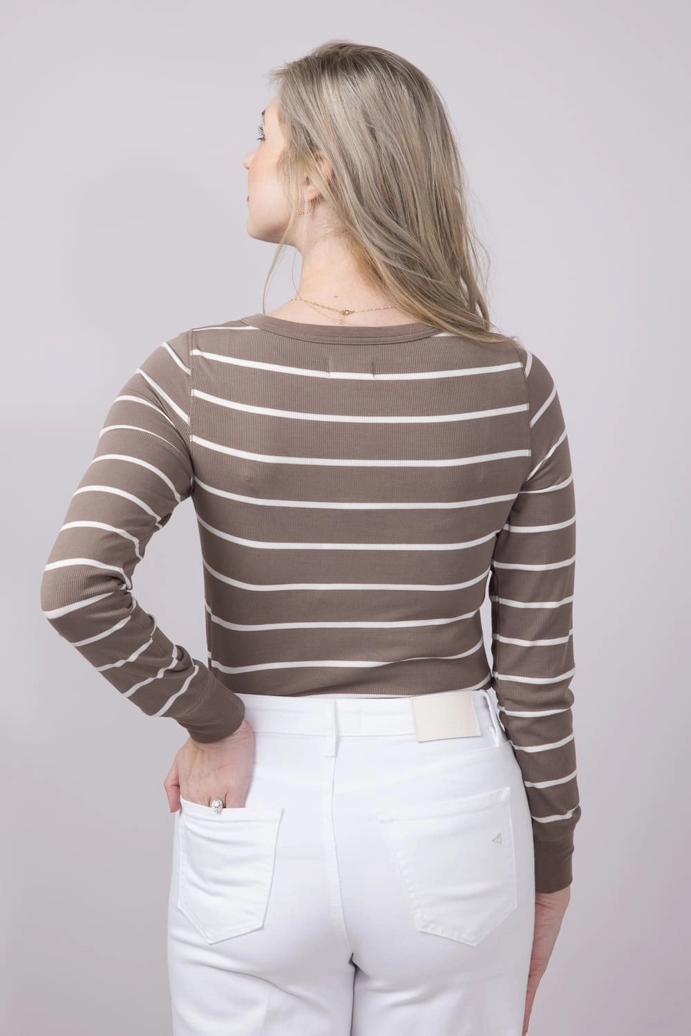 Washable fabric Thread & Supply Stacy Stripe Shirt for Women in Taupe White | T1390MSTS-TAUPEWHITE