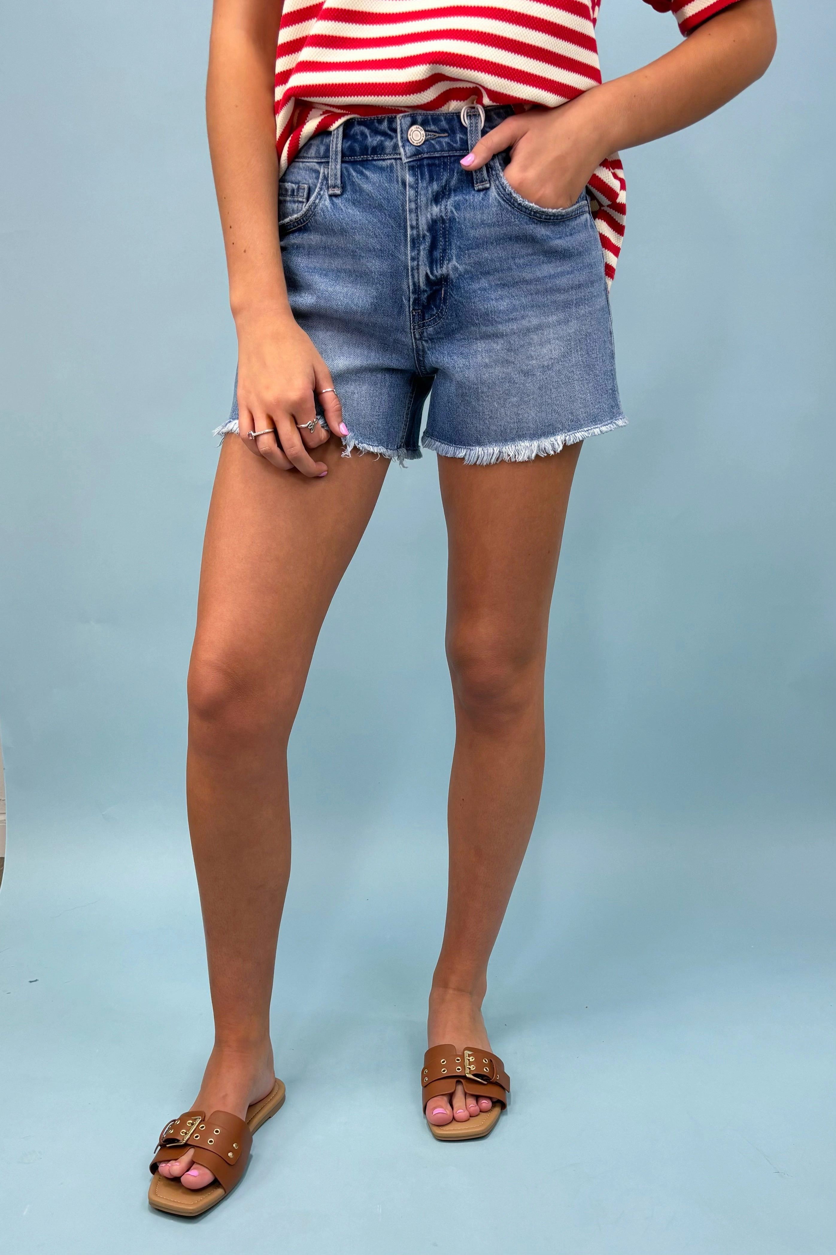 The Maeve High Rise Denim Shorts Minimal Waistband WindResistantMaterial