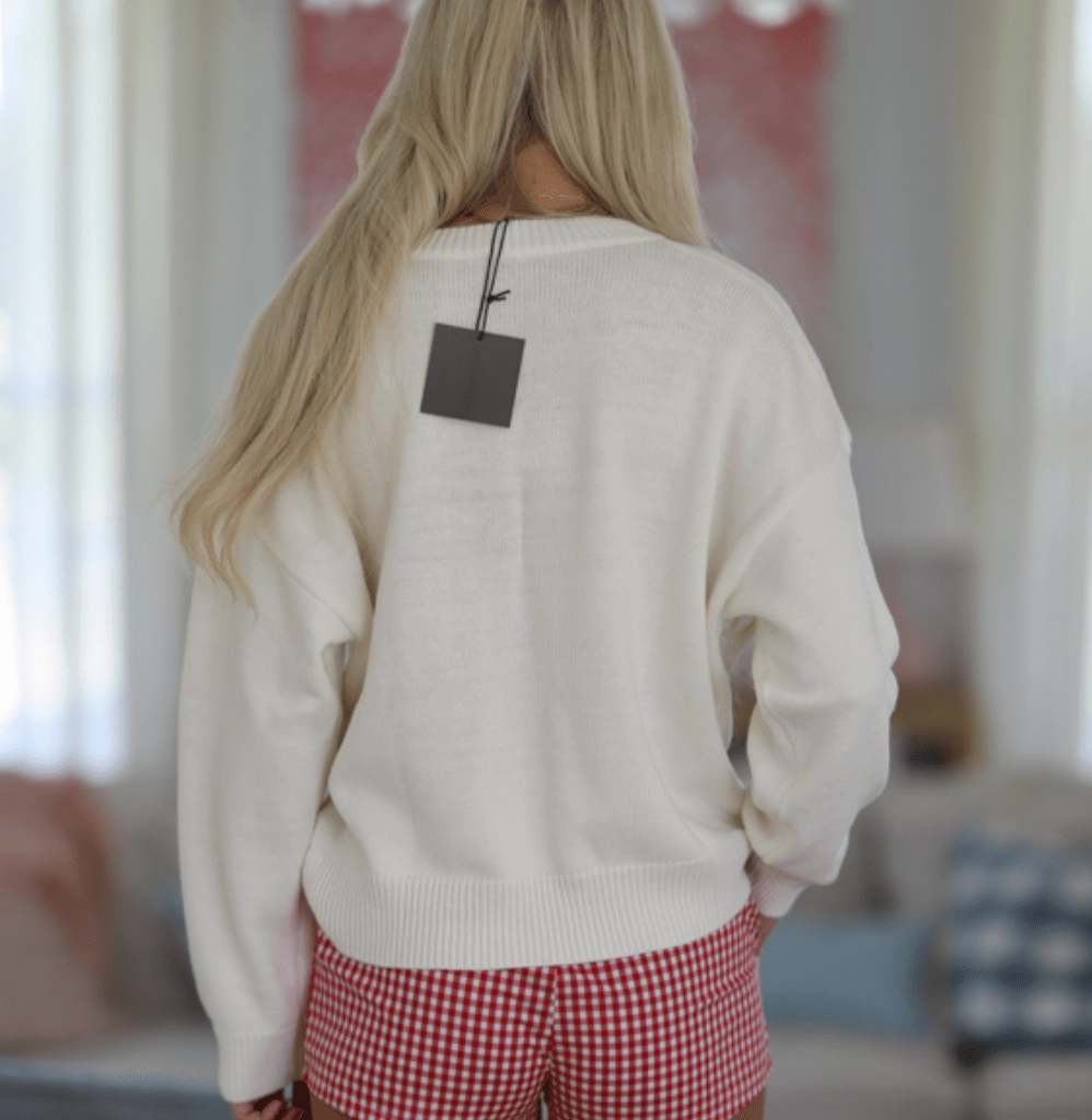 Touchdown Teddy Sweater Top - White and Red Easy to Wear